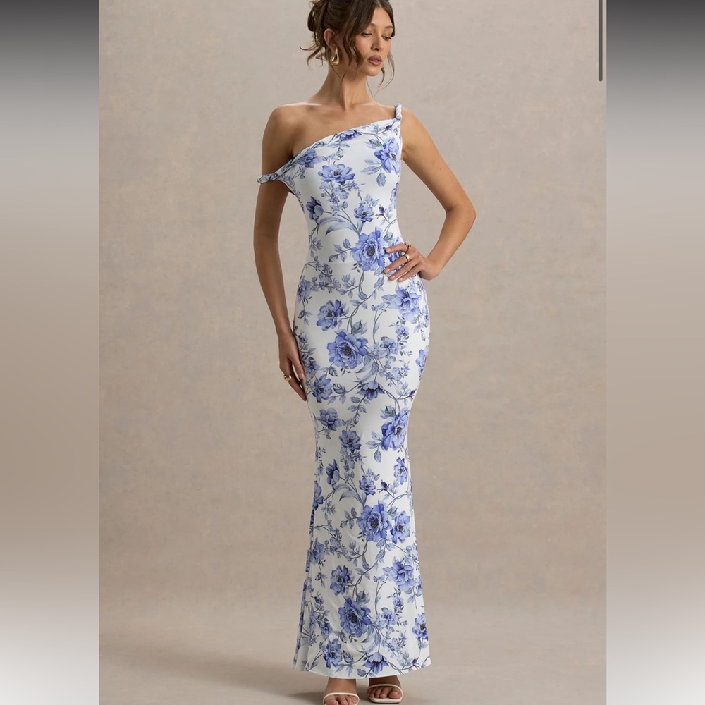 Blue Floral One Shoulder Dress